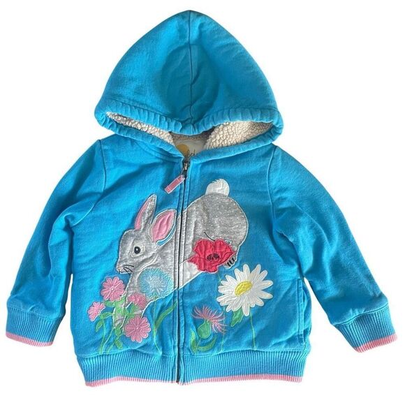 Mini Boden Spring Blue Bunny Flower Appliqué Hooded Zip Jacket Girl Size 3 4 - Picture 1 of 5